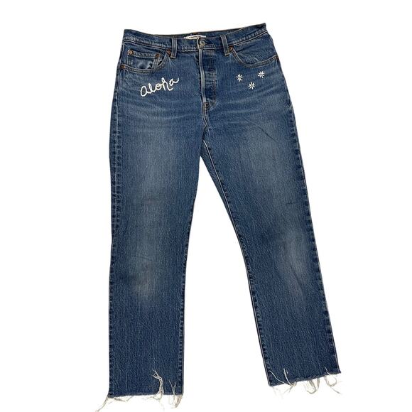 Levis 501 Jeans Upcycled Aloha Size 29 Denim Button Fly - Picture 1 of 11